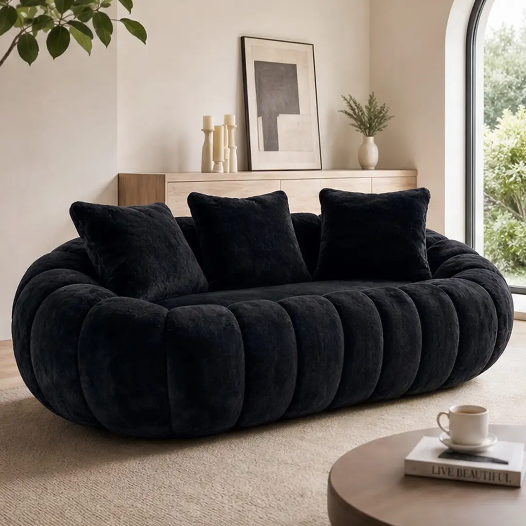 Floral Shaped Loveseat Ultra Soft Faux Fur Couch Two Seater Sofa for Living Room Bedroom Black Beige Gray Options Medium-Soft Cushion Back Rolled Arms Foam Filled Heavy Duty 42.7Wx75.5Dx25.3H in, Beige/Black/Gray Color Options