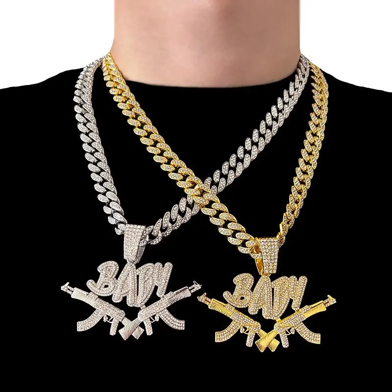 Thick AK-47 Number-Shaped Pendant Hip-Hop Inspired Necklace, Rapper-Style High-Density Rhinestone Pattern Long Dangling Costume Jewelry for American Rap Enthusiasts, Hip-Hop Inspired Necklaces, Long Dangling Necklaces frownies