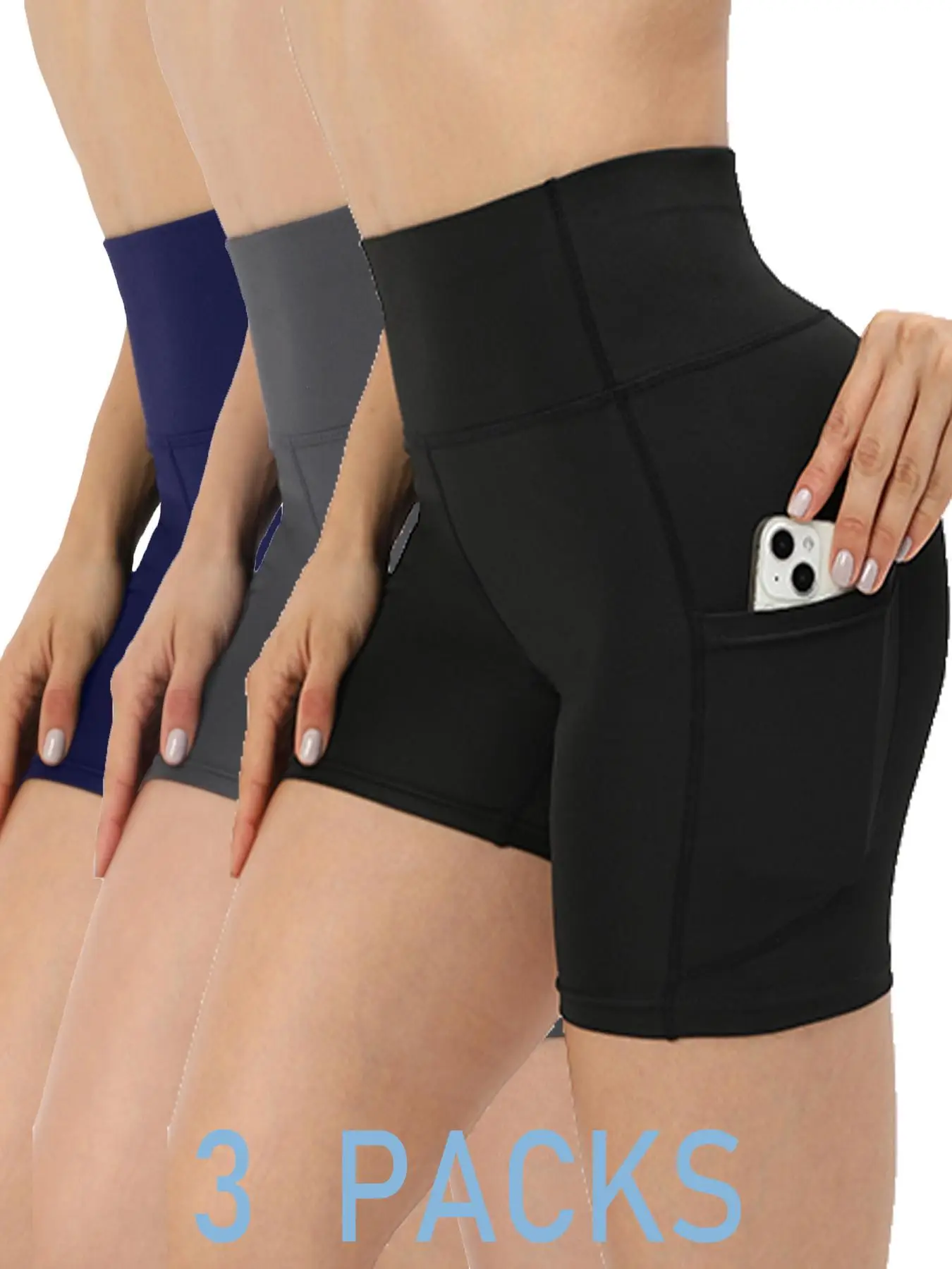 Women's 3pcs Plain Pocket High Waist Sports Short Leggings, Summer Clothes Women, Comfy Stretchy Seamless Skinny Biker Shorts for Yoga Gym Workout, La