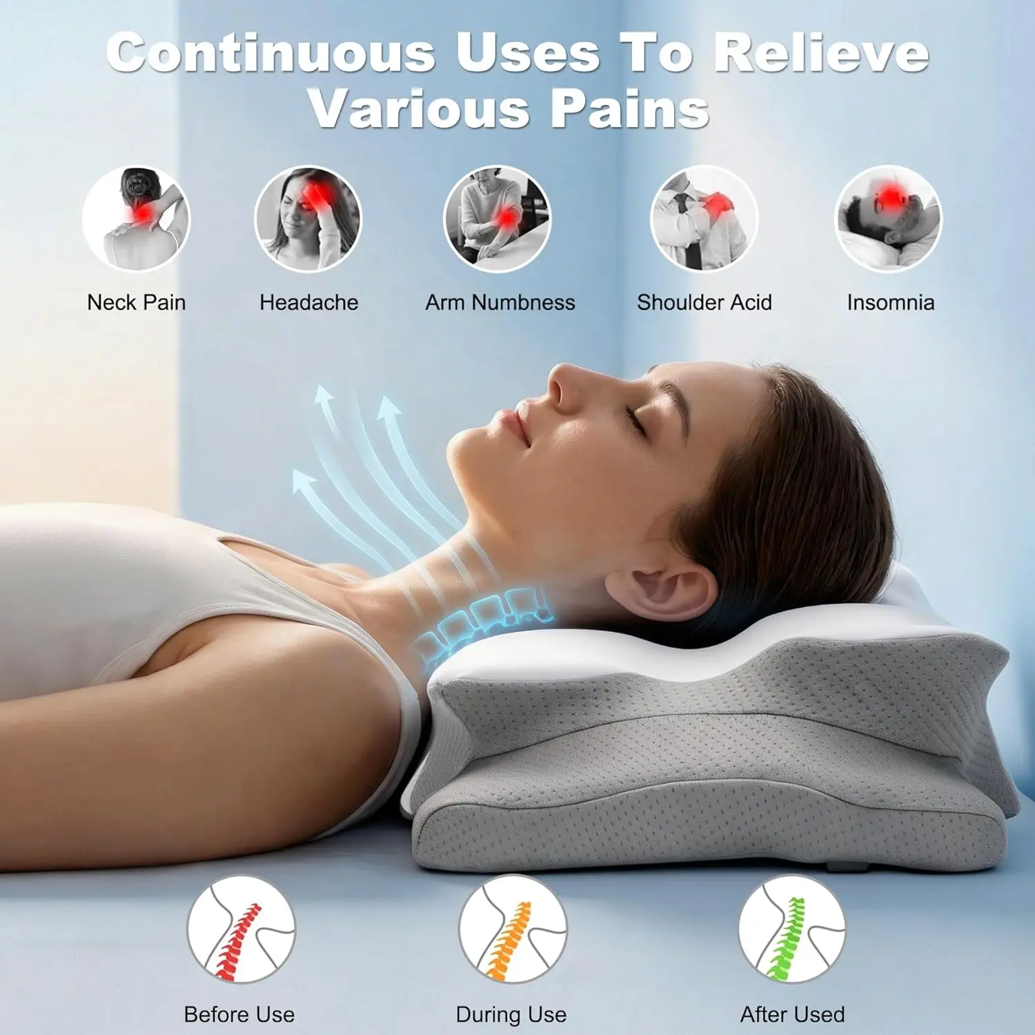 VYLEE Cervical Neck Pillow for Pain Relief, Ergonomic Memory Foam Pillow for Neck Support, Cooling Contour Orthopedic Pillow for Side, Back & Stomach Sleepers