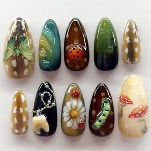 Handmade Forest Fairycore Press On Nails | 3D Mushrooms, Ladybugs, Daisies, Caterpillars & Moth Art | Almond Nails For Nature Vibe