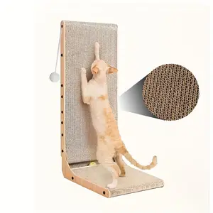 Large L-shaped cat scratching post, 23.6-inch wall-mounted mat, with a ball toy, perfect for indoor cats to play and scratch.
