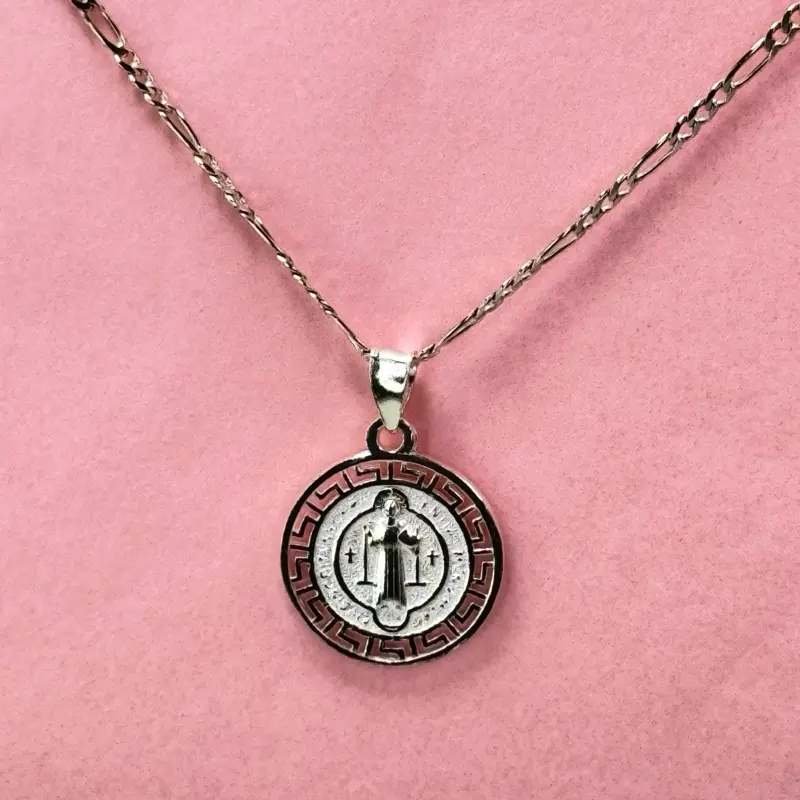 925 Sterling  Silver  St Benedict Pendant and Figaro Chain 2.5mm 18” Length