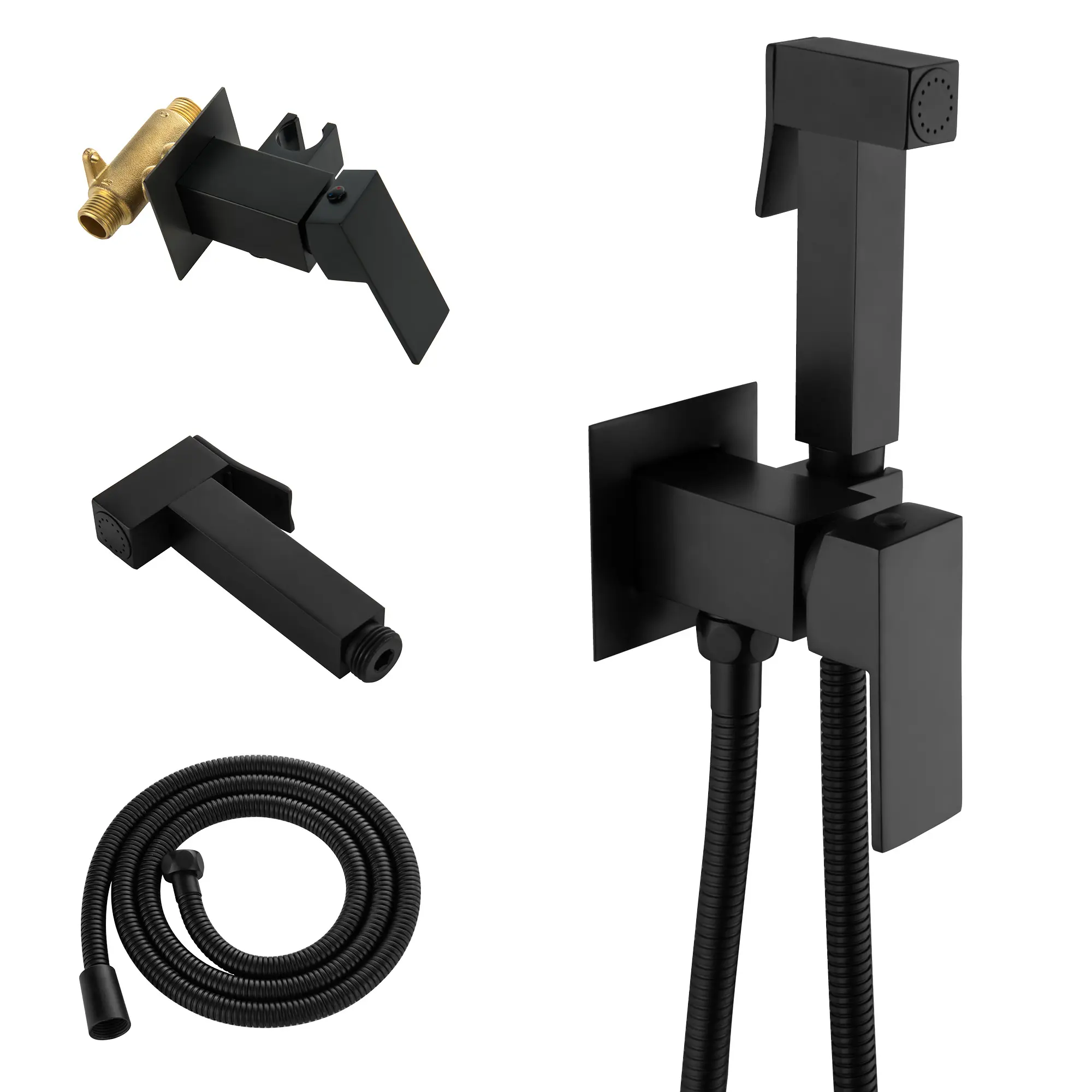 Square Brass Shattaf Spray Wall Mounted Single Lever Toilet Bidet Sprayer Kit with 1.2M Stainless Steel Water Hose in Matte Black, Chrome, Brushed Nickel, Brushed Gold muslim shower