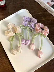 3 Piece Colorful Satin Tulip Bow Hair Ties Set, 3D Flower Hair Bands, Cute Accessories for Girls and Women, Soft Elastic for Ponytails and Daily Wear