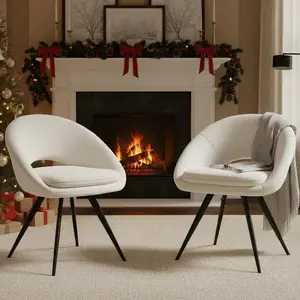 Modern Vanity Chair Set of 2 with Curved Back, Armless Office Desk Chair No Wheels, Comfy Accent Chair Makeup Chair with Black Legs for Bedroom,Living Room,Small Space (White)