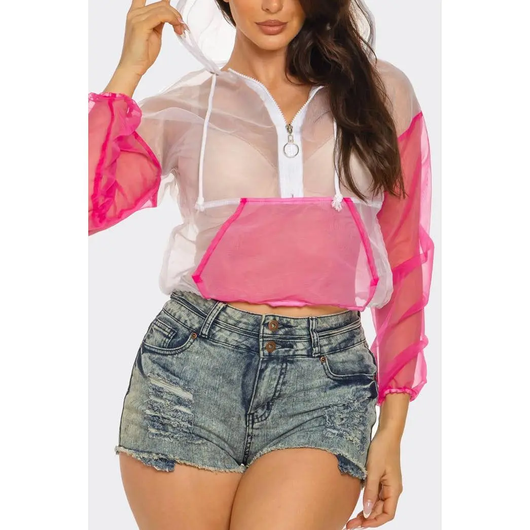 Organza Zip Up Kangaroo Pocket Hoodie Jacket