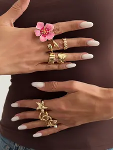 Boho Ocean Style Starfish Scallop Oil Drop Flower Ring Set, 8 Pieces, Women's Jewelry Accessories, Elegant and Unique Design