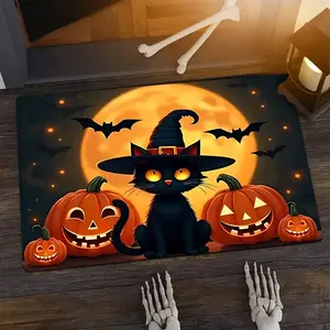 Halloween Themed Doormat, Pumpkin Black Cat Witch Hat Bat Pattern Washed Polyester with Non-Slip Bottom Rectangular Mat for Indoor and Outdoor Use in Entryway Living Room Bedroom Laundry Office Durable Home Decor Halloween Door