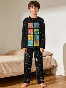 2-piece set of boys' long-sleeve and long-pajamas with Flying Hero Cube print, featuring digitally printed flame-retardant fabric. This soft and skin-friendly casual loungewear set ensures comfortable sleep for kids and is an ideal gift choice for boys.