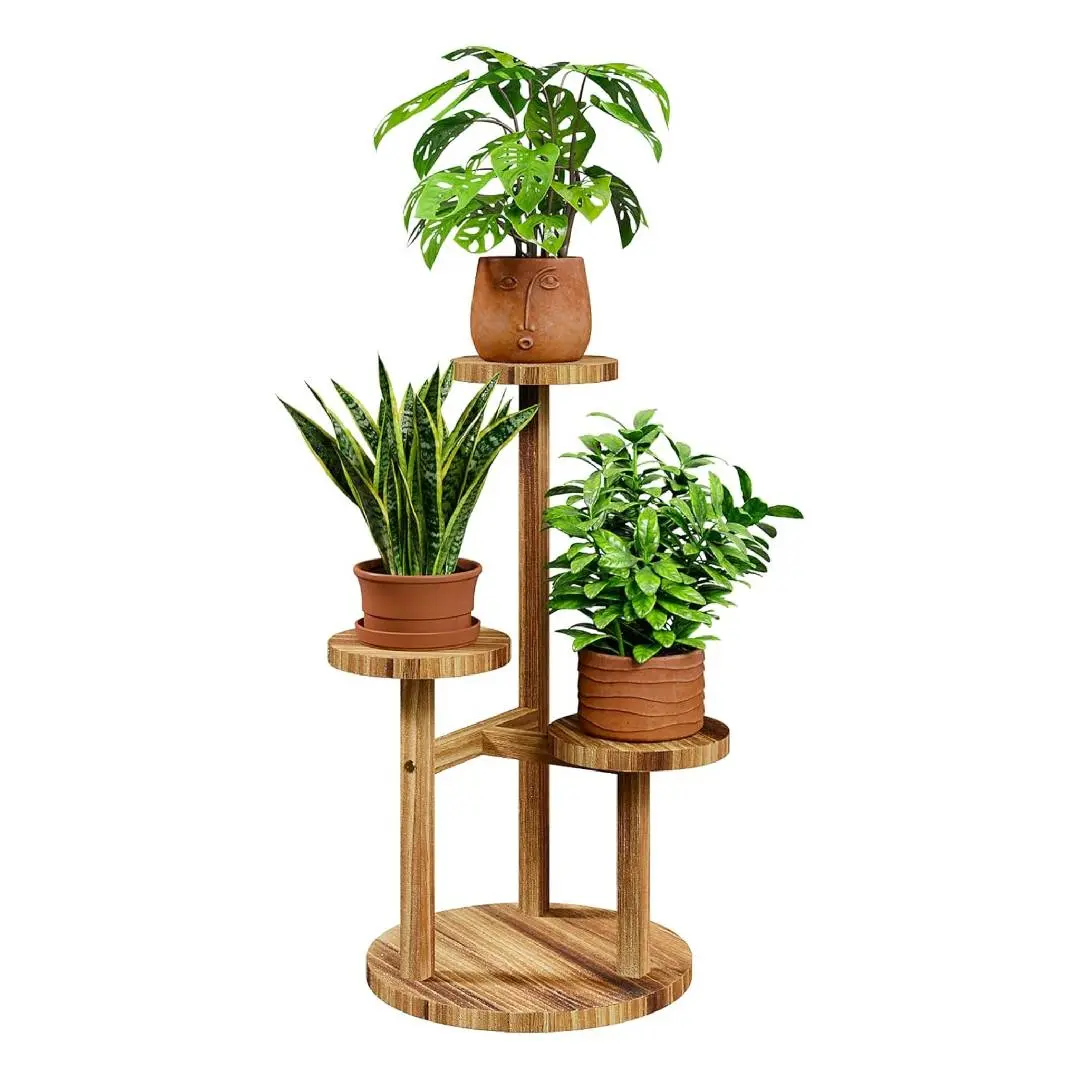 Bamworld 3-Tier Wood Finish Round Corner Shelf - Indoor Home Organization Storage Rack for House Plants, Entryways, Living Room Styling Display & Home Organizer