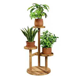 Bamworld 3 Tier Plant Stand Indoor, Corner Wood Plant Shelf for Multiple Plants, Small Tiered Round Flower Stand for Patio Garden Balcony Living Room Bedroom, Brown