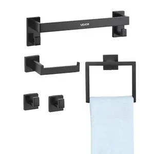 【Summervibes】VEVOR Matte Black Bathroom Hardware Set,  , 5 Pieces Bathroom Accessories Set, Stainless Steel 16 inch Towel Bar, Towel Rack, 2 Robe Towel Hooks, Toilet Paper Holder for Bath Room, Wall Mounted
