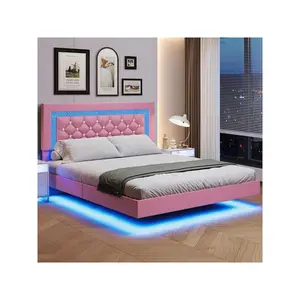Full/ Queen/ King Bed Frame, Upholstered Platform Bed Frame With LED Light, LED Bed Frame With Diamond Headboard, White/Pink/Black, Full/ Queen/ King, Full Bed Frame Bed Frame Full Queen Bed Frame Bed Frame Queen King Bed Frame Bed Frame King