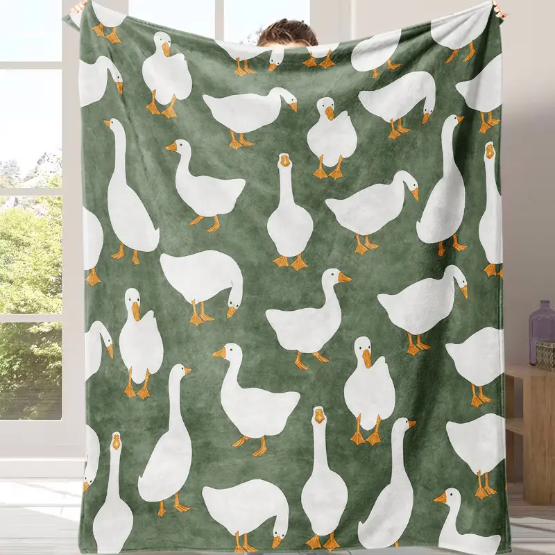 Sage Green Plush Flannel Throw Blanket with Cute White Goose Print, Soft Cozy Warm Fuzzy Animal Character & Bird Motif Blanket for Bedroom Sofa, Ideal Gift for Home Decor Enthusiasts, Animal Character Blankets, Bird Motif Blankets