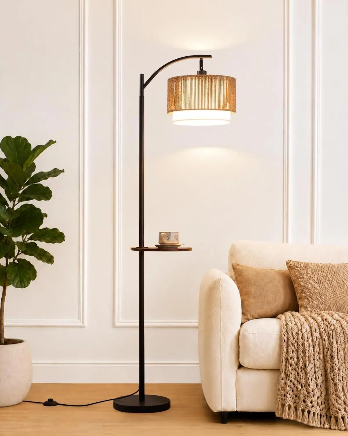 Rattan Floor Lamp for Living Room with Side Table, Farmhouse Arc Floor Lamp with 3 Color Temperatures and Rattan & Fabric Lamp Shades, Boho Standing Lamp for Living Room, Bedroom Corner