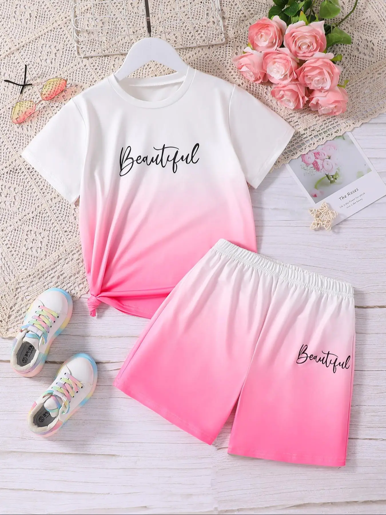 Girl's Random Tie Dye Print Short Sleeve Tee & Letter Print Shorts Two-Piece Set, Casual Round Neck T-shirt & Elastic Waist Shorts, Summer Clothes for