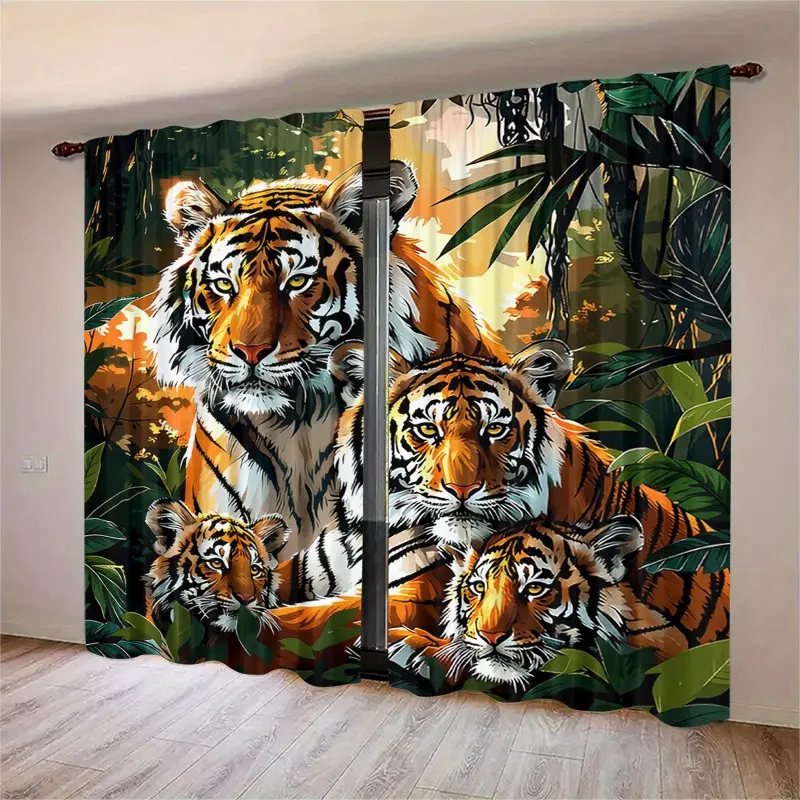 2 pieces of wild and natural style. Installed with pocket rods. Digital jungle tiger patterned curtains. Suitable for living room, closet, bedroom, study, dining room and home decoration.
