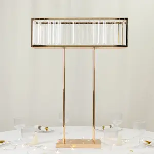Crystal Pendant Flower Stand, Gold Metal Centerpiece Vase – 32" Tall Rectangular Display Rack