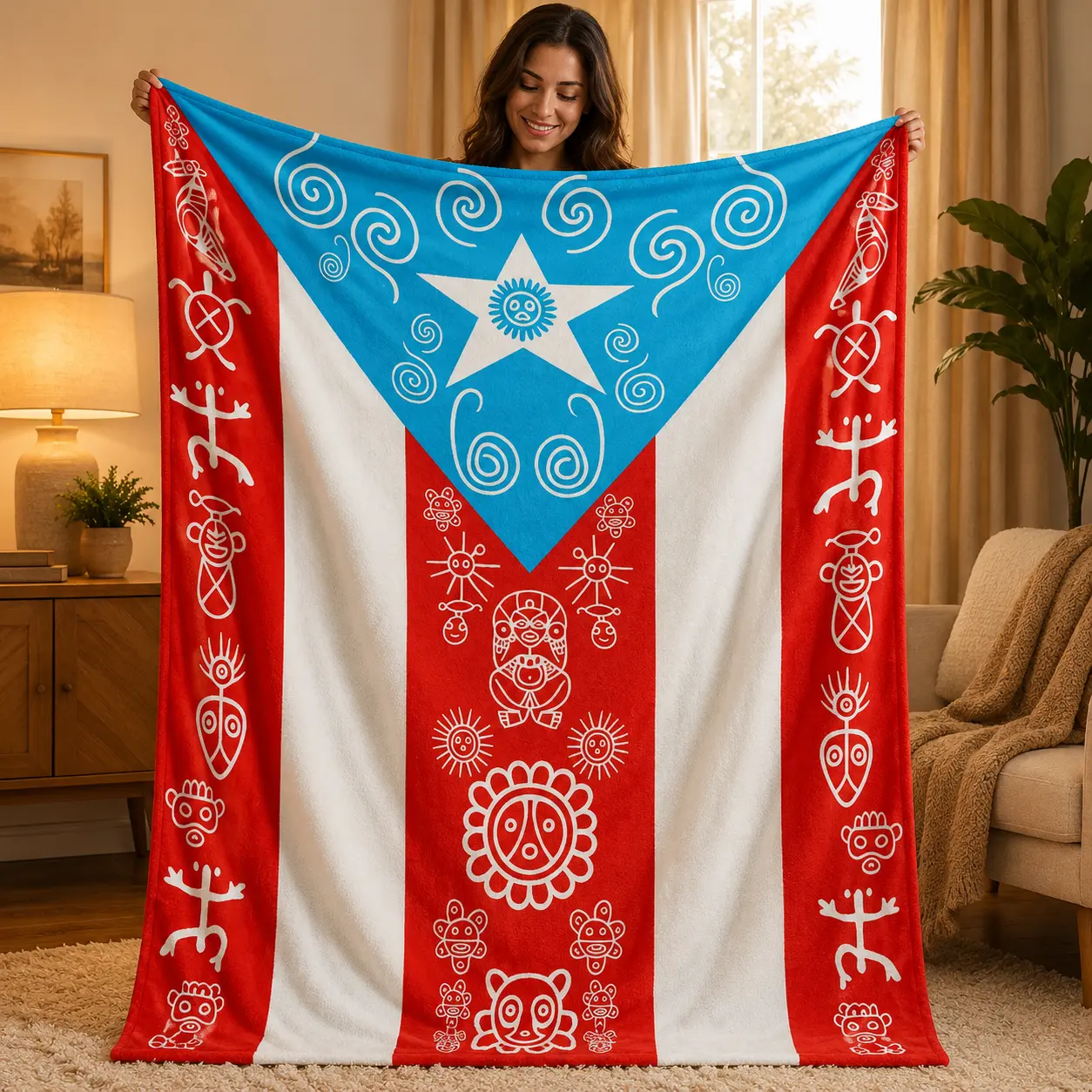 Puerto Rican Flag Flannel Blanket, Boricua Taino Symbol Throw Blanket, 280GSM Soft Cozy Blanket for Sofa Bed Couch, Puerto Rico Heritage Gift Home Decor