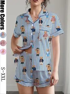Women's Bear Print Pajama Set, Soft Shirt Short Sleeve Button-Down Top & Loose Elastic Shorts, Casual Home Wear, All Seasons