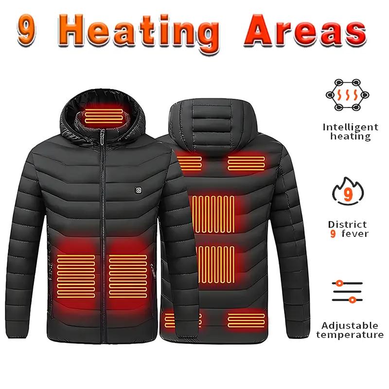 Men Women 9-Zone Heated Coat Universal Fit, USB Electric Warming Jacket with Adjustable Heat Control, Long Sleeve Thermal Layer for Daily Commute, Skiing, Fishing, Camping, Cold Climate Outdoor Gear