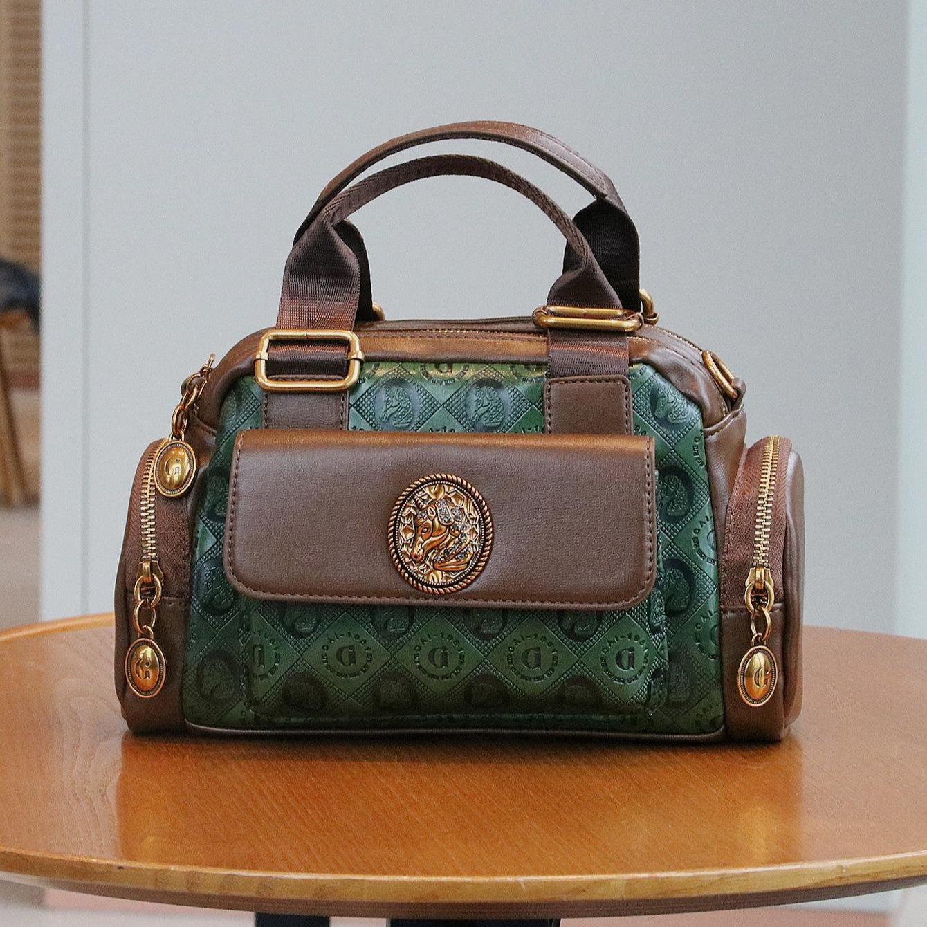 Vintage Embossed Faux Leather Boston city real Bag Equestrian Style Satchel Purse luxury designer