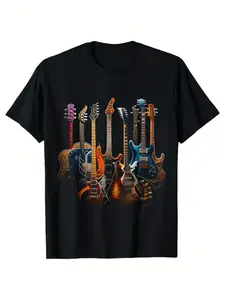 Men'S Black T-Shirt with Vibrant Electric Guitar Print - Breathable & Durable Short Sleeve Music Festival Tee, Colorful Band Graphic Design for Concerts, Casual Wear & All-Season Comfort, Round Neck Regular Fit with Geometric Pattern