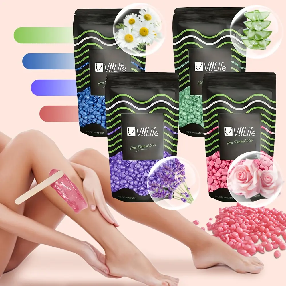 Viilife VIII.LIFE 4 Hard Wax Beads with 20 Wooden Sticks for Hair Removal Brazilian Bikini Wax Sensitive Light Beige Whole Body Legs Face Underarms Perm Beads for Women and Men Waxing Set Gentle