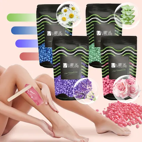 Viilife VIII.LIFE Gentle Hard Wax Kit - Sensitive Light Beige Waxing Set with 4 Hard Wax Beads, 20 Wooden Sticks, Universal Body Care Product for Bikini Line & Men's Hair Removal