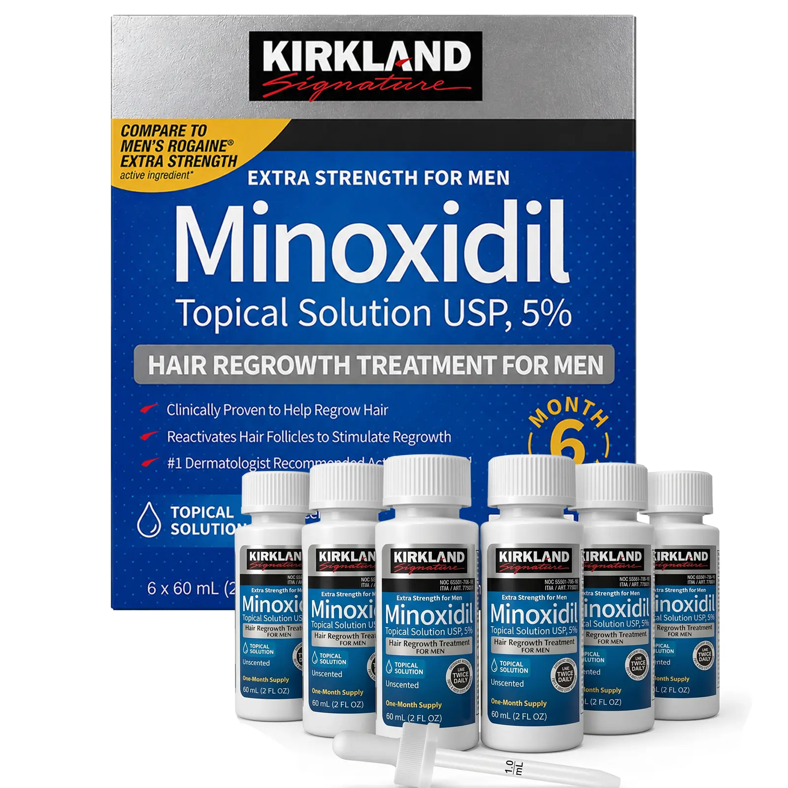 Kirkland Minoxidil 5% Hair Care Serum Daily Scalp Drops Topical Serum Kit for Thicker & Fuller Looking Hair - Premium Men's Grooming & Nourishing Personal Care Routine with Precision Dropper