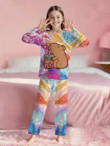 Rainbow Bubble Milk Tea Capybara 2-piece set: girls' digital printed long-sleeved pajamas with extended pants, made of flame-retardant fabric. A fashionable, trendy, casual, comfortable and soft pajama set, suitable for sleeping and home leisure. 100% pol