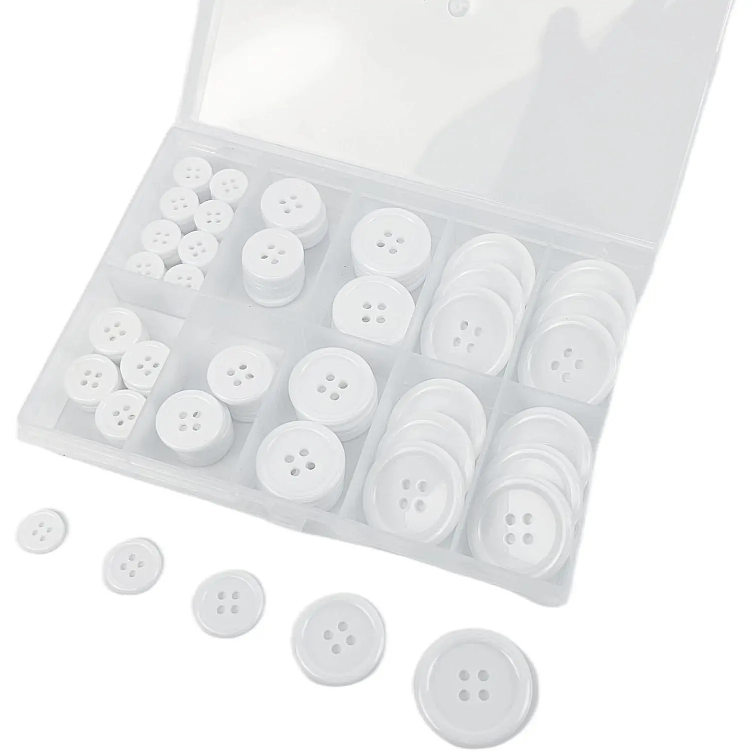 100 count White Sewing Buttons,4-Hole Craft Buttons, 5 Sizes ,with Compartment Storage Box, Suitable for Sewing,Suit Coat Shirt Buttons,DIY Decoration