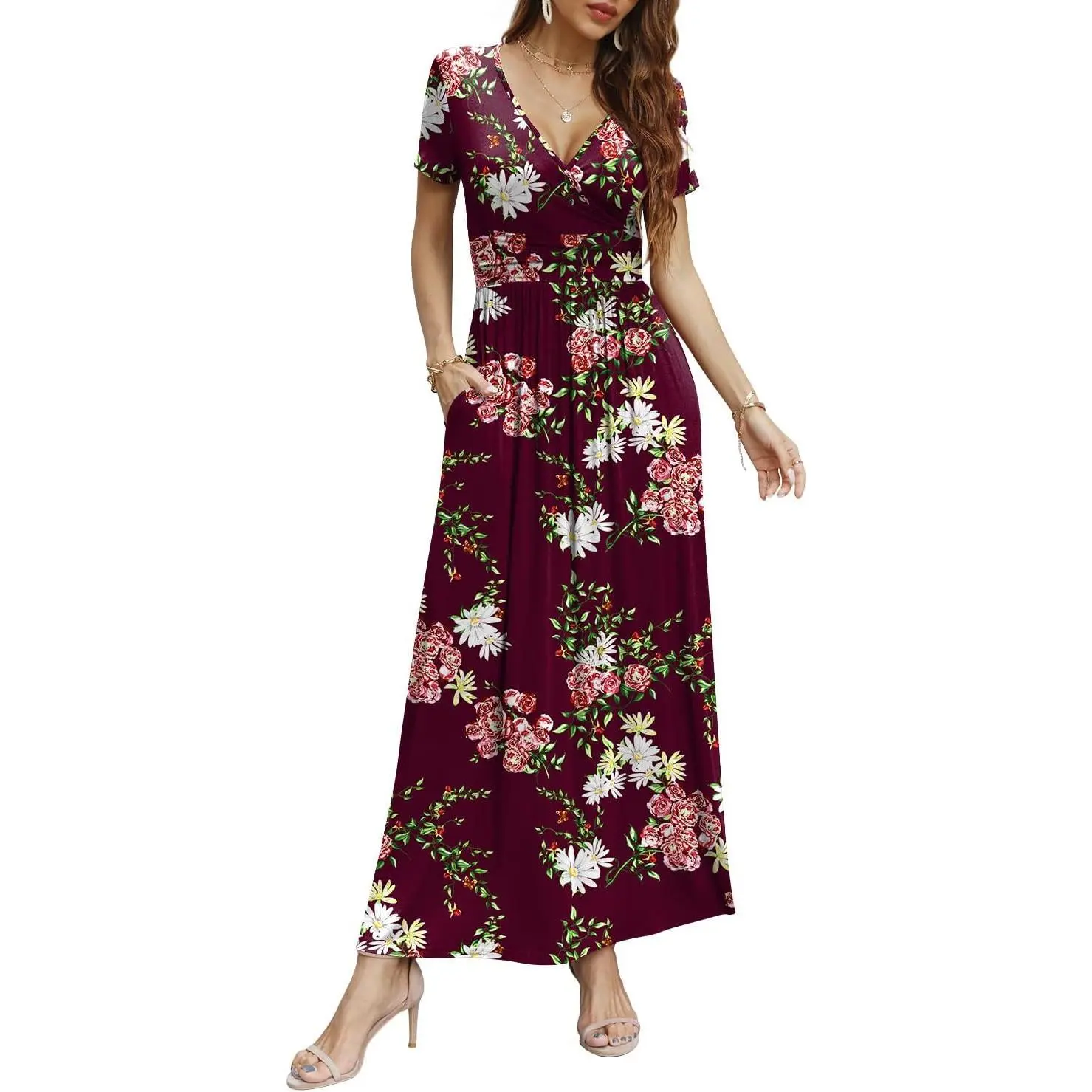 Maxi Dresses for Women Short Sleeve V-Neck Casual Long Summer Wrap Dress with Pockets