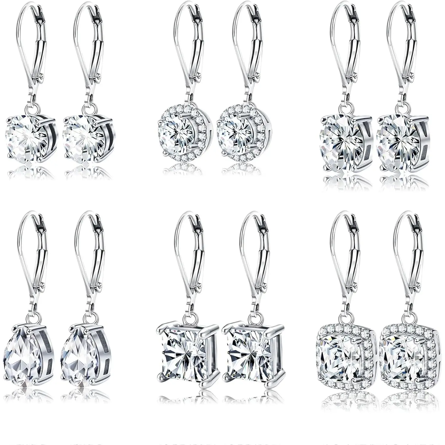 YADOCA 4/6 Pairs Silver Dangle Earrings for Women CZ Dangle Earrings Set Hypoallergenic Round Square Teardrop Cubic Zirconia Opal Leverback Earrings