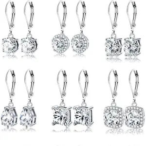YADOCA 4/6 Pairs Silver Dangle Earrings for Women CZ Dangle Earrings Set Hypoallergenic Round Square Teardrop Cubic Zirconia Opal Leverback Earrings