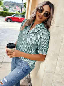 French Retro Light Gray Stripe Puff Sleeve V-Neck Shirt Baddie Office Light Gray Stripe Puff Sleeve Ruffle Shirt Sweet Vibrant Light Gray Stripe V-Neck Puff Sleeve Resort Shirt