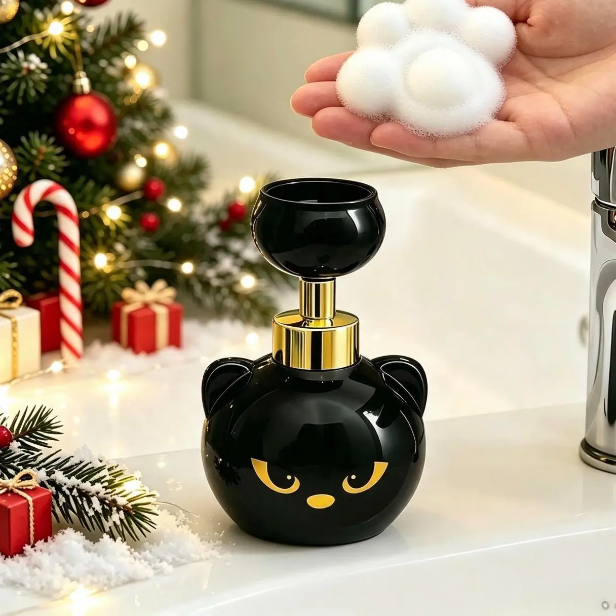 Cute Cat Paw Foam Soap Dispenser, Black Kitty Hand Soap Pump with Paw-Shaped Foam, Cute Bathroom & Kitchen Home Accessory, Christmas Gift for Cat Lovers, Fun Holiday Present for Friends & Family
