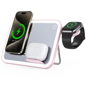 3 in 1 Magnetic Charing station,15w WirelessCharging,Multifunctional Wireless Charging Stand with LED Light, Foldable Desktop Charging Stand for Phone & Watch & Earphone