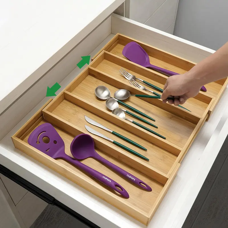 Premium Bamboo Expandable Drawer Organizer Adjustable Kitchen Drawer Organizer for Large Cooking Utensils Cutlery Racks