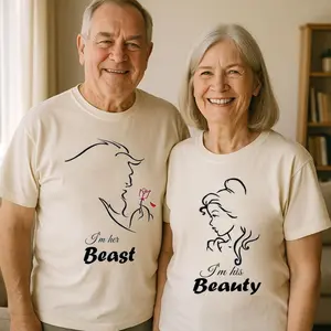 [100% Cotton] Im Her Beast Im His Beauty Couple T-Shirt, Beauty And The Beast Matching Tee Minimalist Line Art Graphic Shirt, Romantic Fairytale Couple Tee, Love Outfit Shirt, Anniversary Gift For Couples.