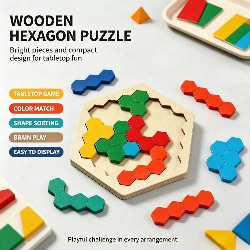 1set Wooden Hexagon Puzzle, Brain Teaser Tangram Game, Color Shape Matching Block, Tabletop Jigsaw Puzzle, Family Interactive Desktop Game