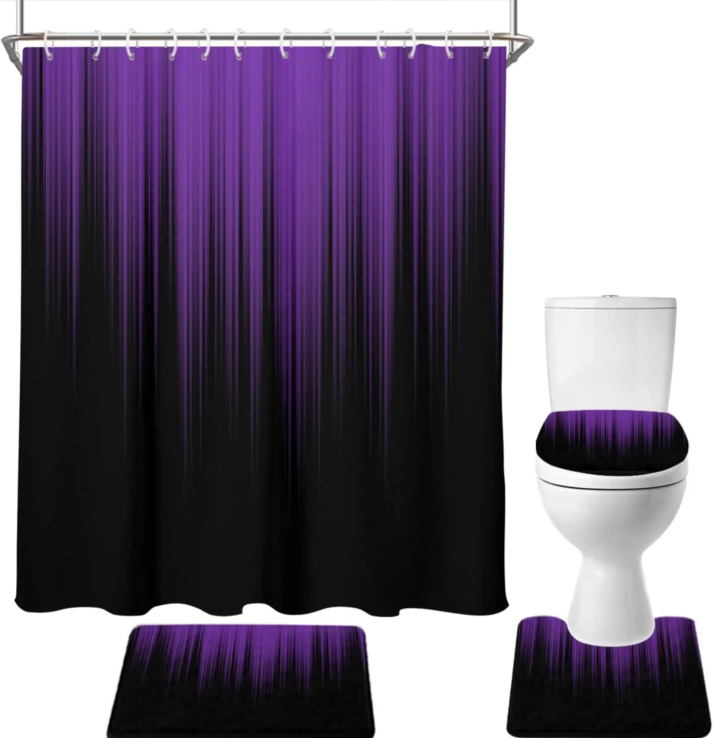 1/4 Pcs Purple and Black Ombre Bathroom Set with Shower Curtain 72x72 Inch, Non-Slip Rug, Toilet Lid Cover and Bath Mat, Modern Gradient Abstract Decor with 12 Hooks
