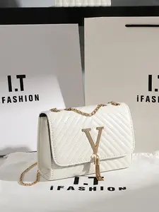 Elegant Women's Embroidered Chain Shoulder Bag, Synthetic Leather Single Strap Crossbody Bag with V Buckle