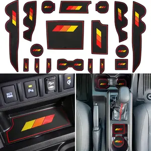 Center Console Liner for Toyota Tacoma Accessories 2016 2017 2018 2019 2020 2021 2022 2023 Double Cab Cup Holder Insert, Door Pocket Pad, lor Interior Mat (Yellow-Orange-Red, Red Trim)