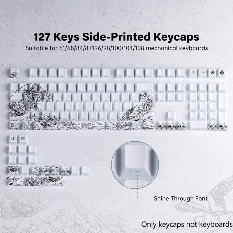 Inspired by Ukiyo-E Art Keycaps, Cute New Design Pbt Heat Transfer Keycap Set, Game-Ready, Compatible with Various Mechanical Keyboard Layouts