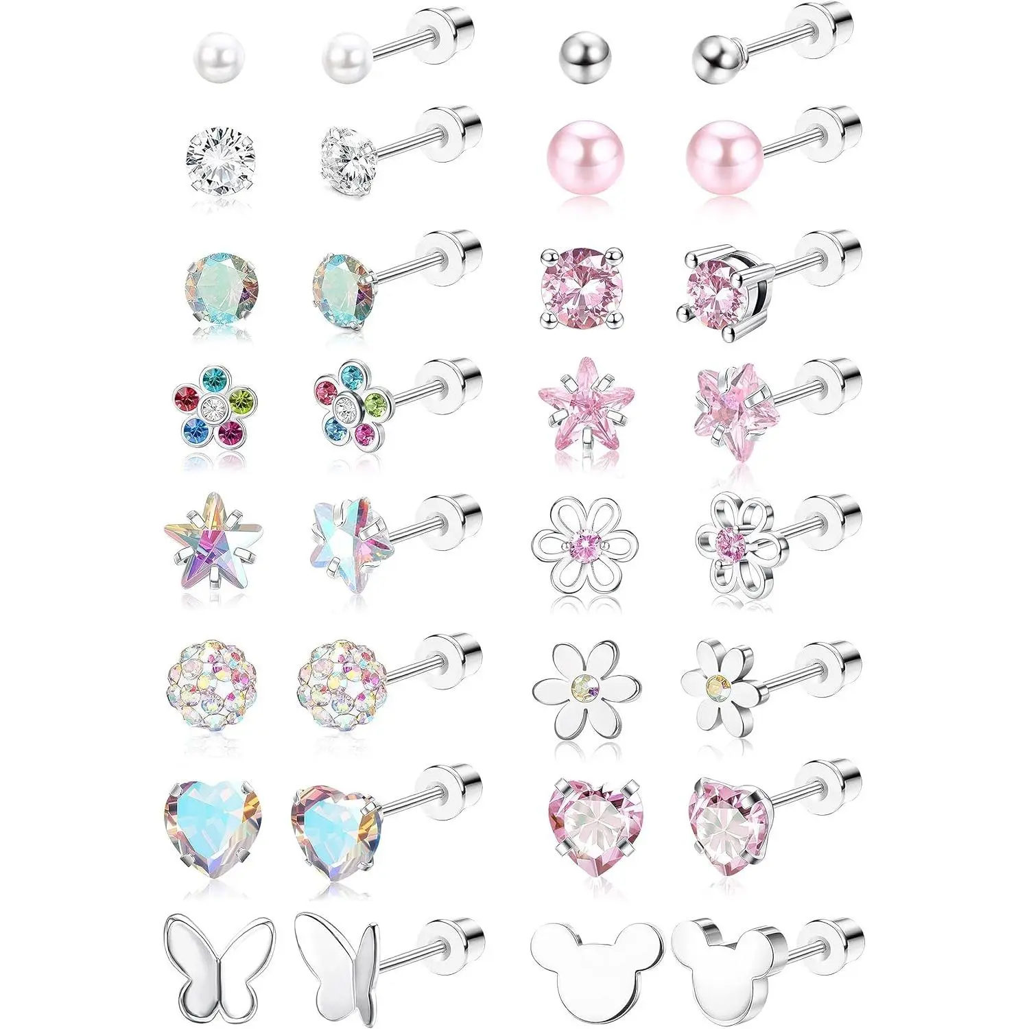 CASSIECA 16Pairs Screw Back Earrings Stack for Women 316L Stainless Steel CZ Pearl Ball Heart Flower Screwback Flat Back Stud Earrings Jewelry Gift Women Multicolored Pink Earrings Lovers Hypoallergenic