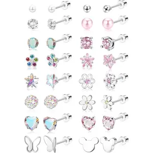 CASSIECA 16Pairs Screw Back Earrings Stack for Women 316L Stainless Steel CZ Pearl Ball Heart Flower Screwback Flat Back Stud Earrings Jewelry Gift Women Multicolored Pink Earrings Lovers Hypoallergenic