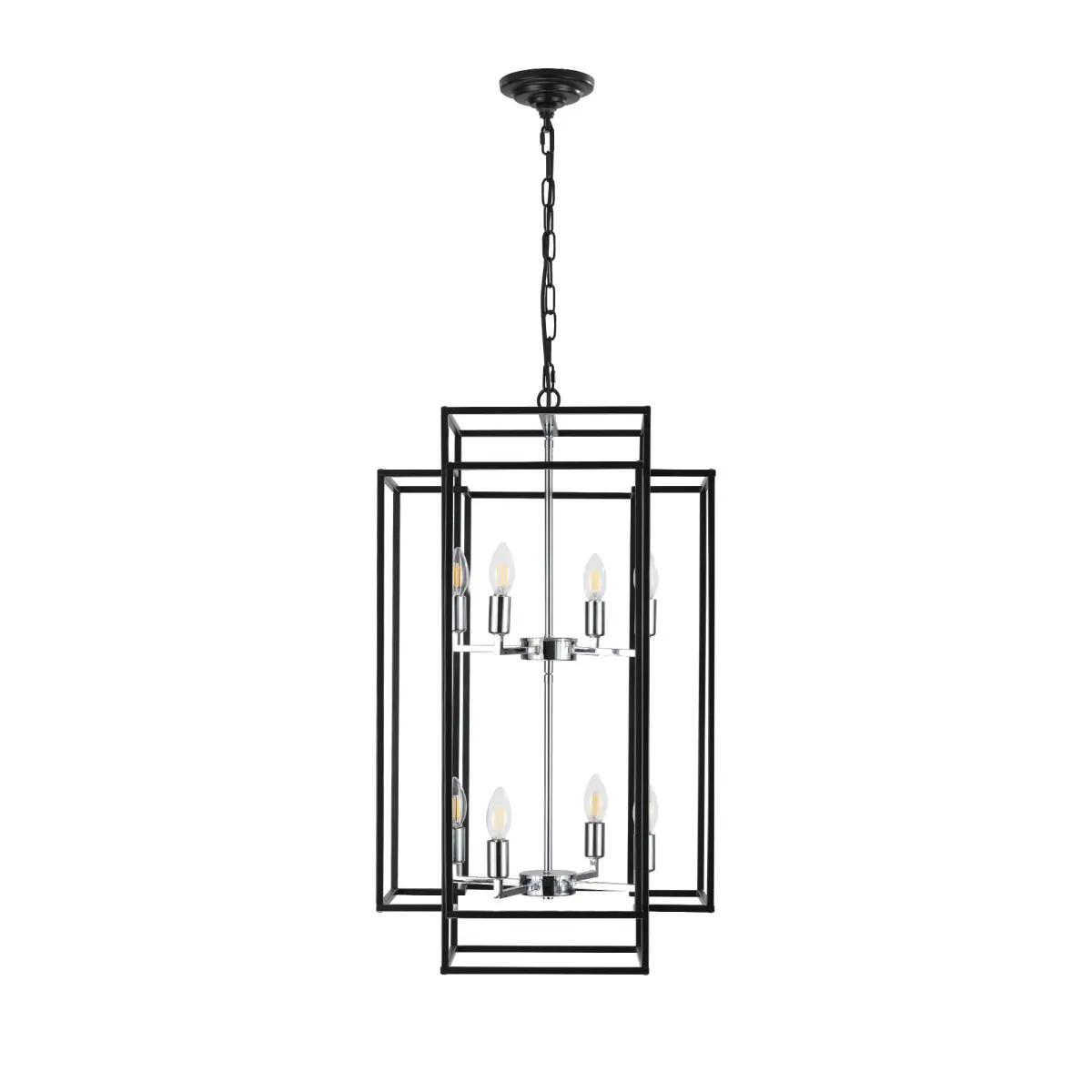 18" Modern 8-Light Geometric Pendant Chandelier, Black & Chrome, 18.10 x 18.10 x 30.70 in, Open Frame Globe Shape, Metal Construction, Adjustable Hanging Rod up to 60", E12 Base for Foyer Dining Room Kitchen Island, Dark Pendant Lights, Decorative Pendant