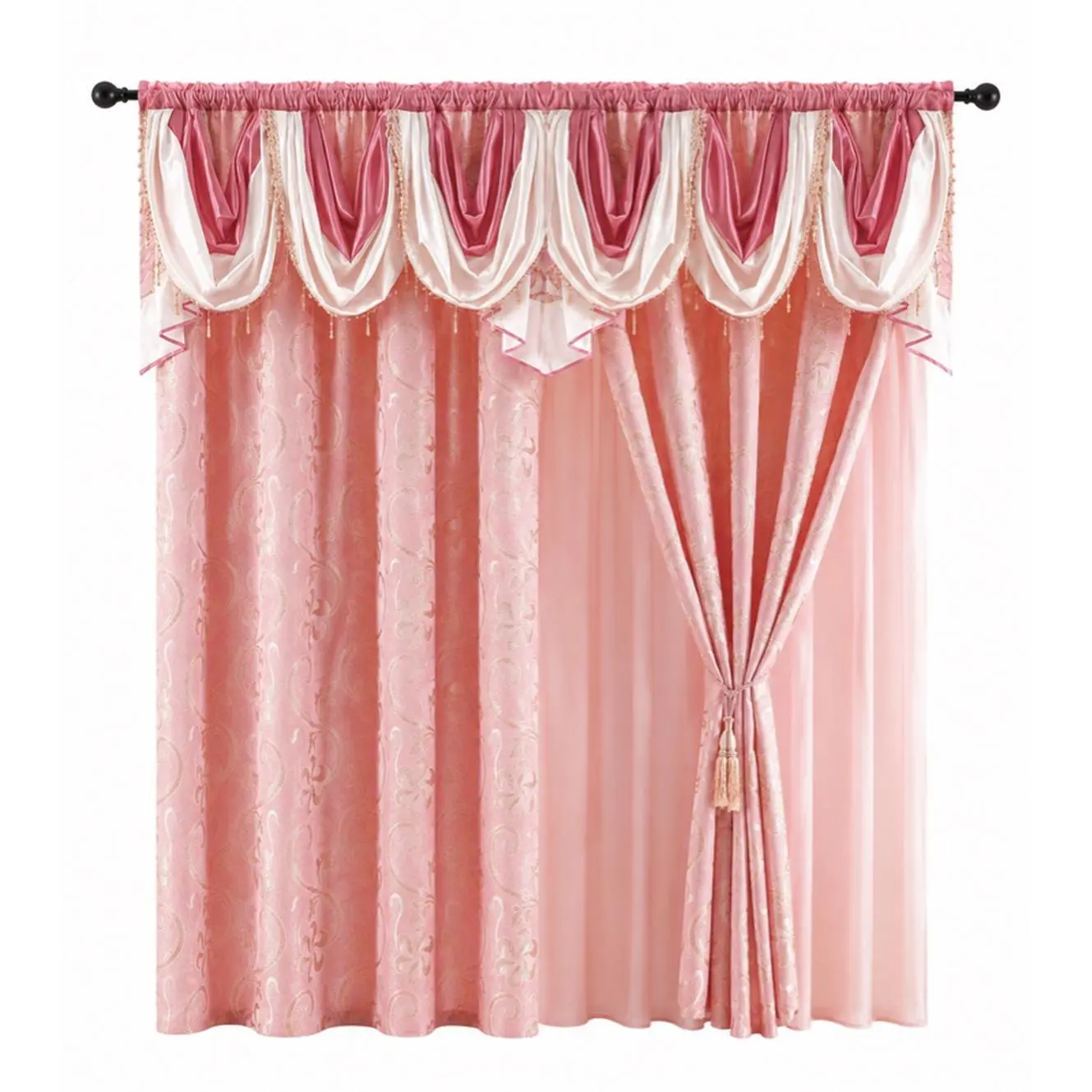 2 PCS Luxury Pink Embroidered Jacquard Curtain Set with Sheer Panels & Satin Valance for Elegant Home Decor Double Layer linen blackout Holiday Poinsettia
